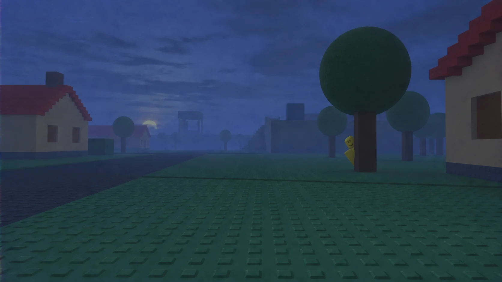 A fan-made old Roblox neighborhood at dusk, with John Doe leaning from behind the tree on the right, revealing his face, shoulder and part of one blocky arm.