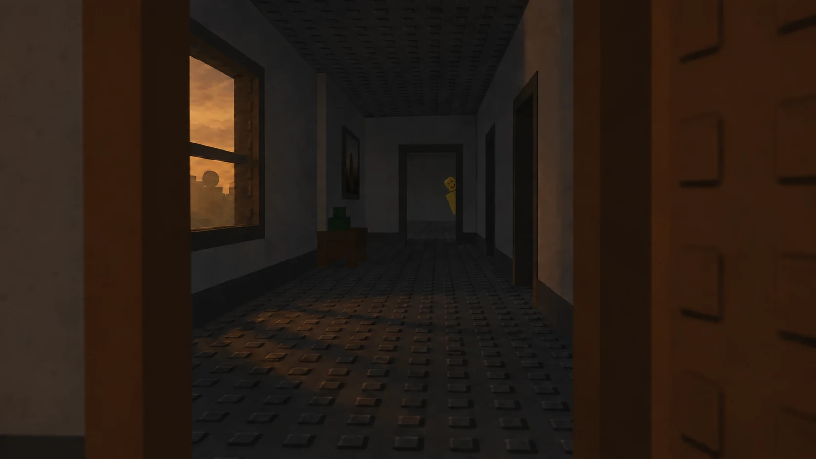 A fan-made Roblox brick hallway with John Doe peeking from the distant doorframe, his head, shoulder and part of one blocky arm visible around the edge.